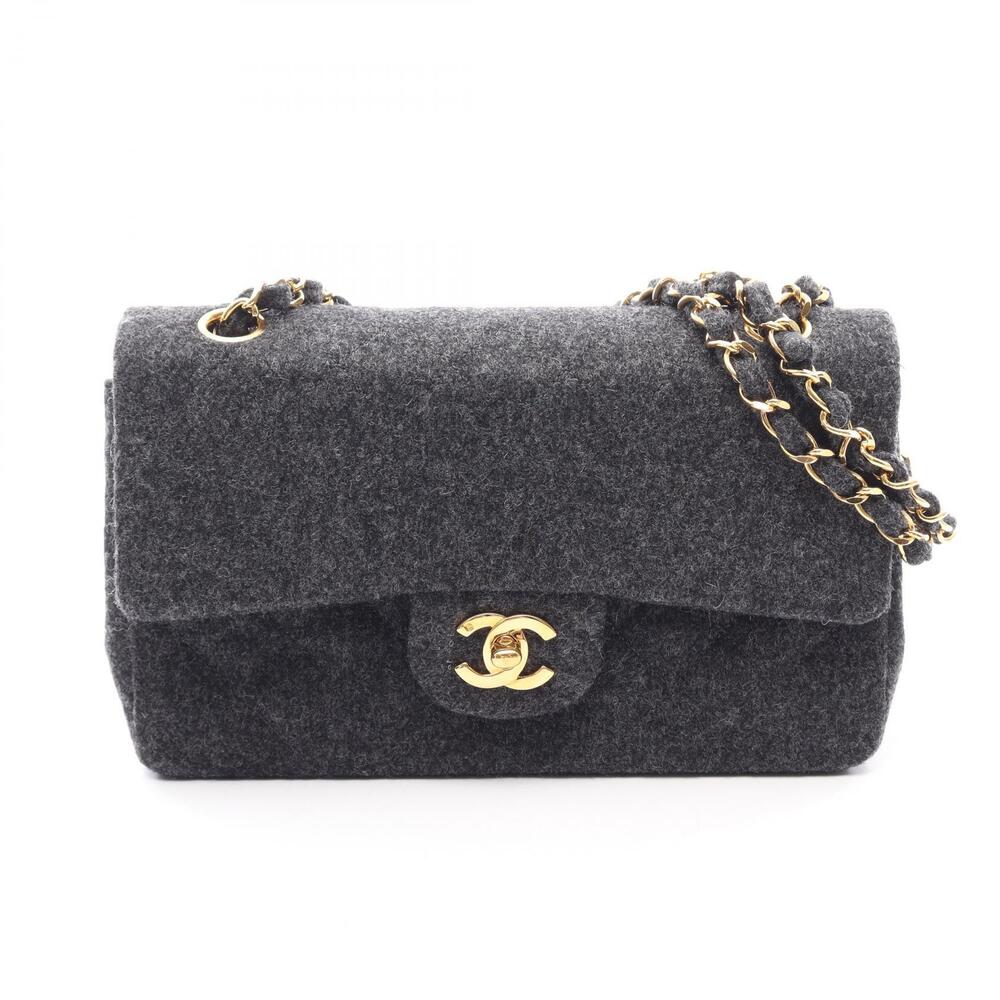Chanel Matelasse Double Flap Shoulder Bag Wool Gray